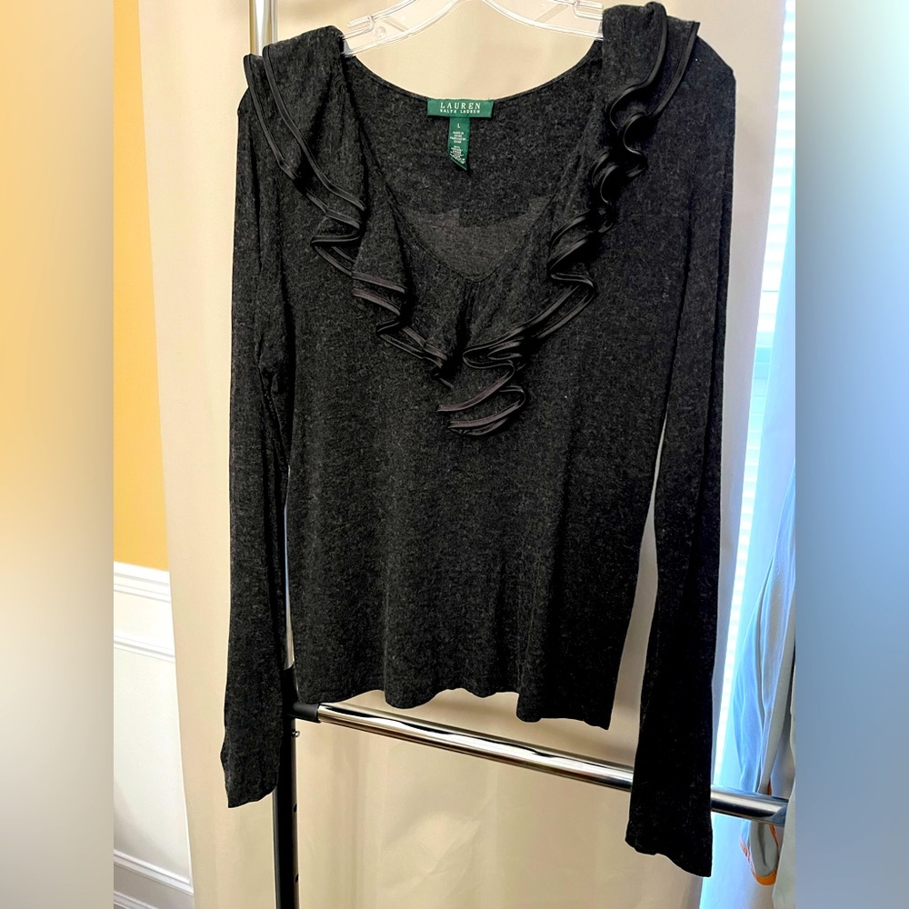 Lauren by Ralph Lauren ruffled edge V-neck long sleeve dark gray heather blouse